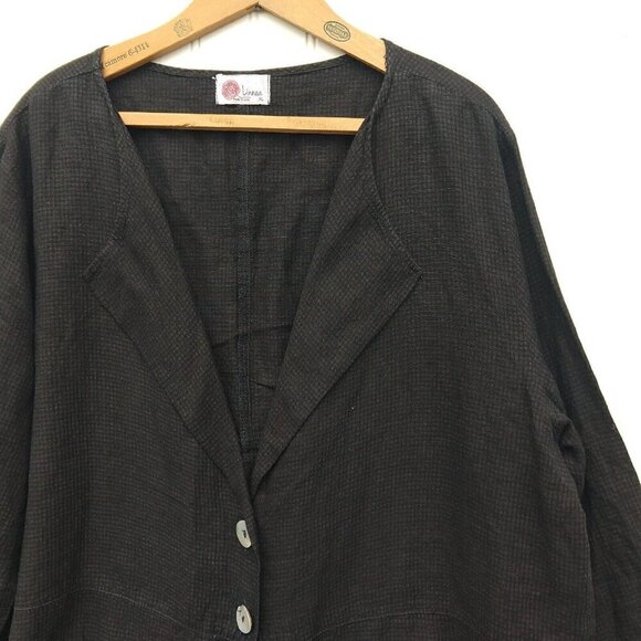 Linnea Women's Black Linen Blend Top Size XL Lagenlook Button Front Collared - Picture 3 of 8